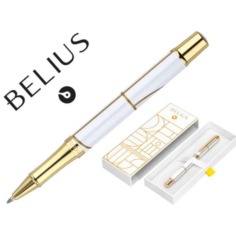 ROLLER BELIUS CARTE BLANCHE COLOR BLANCO Y DORADO TINTA NEGRA CAJA DE DISEÑO