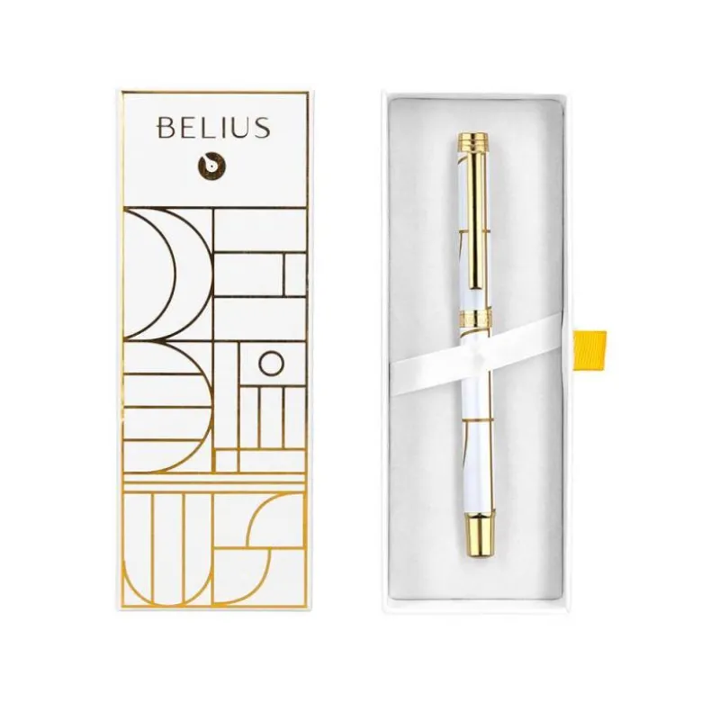 ROLLER BELIUS CARTE BLANCHE COLOR BLANCO Y DORADO TINTA NEGRA CAJA DE DISEÑO