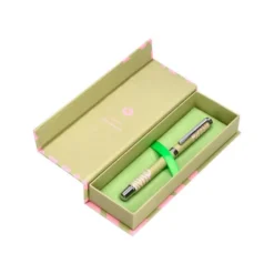 ROLLER BELIUS INK DREAMS ALUMINIO COLOR VERDE MATCHA Y ROSA PLATEADO FRASE INTERIOR TINTA NEGRA CAJA DE DISEÑO