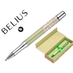ROLLER BELIUS INK DREAMS ALUMINIO COLOR VERDE MATCHA Y ROSA PLATEADO FRASE INTERIOR TINTA NEGRA CAJA DE DISEÑO