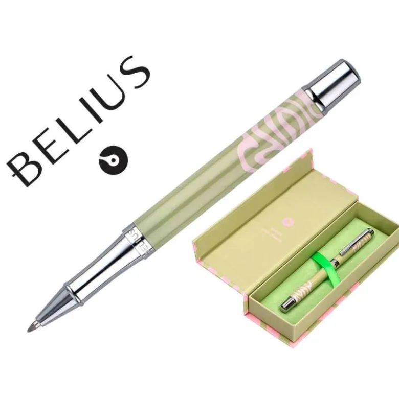 ROLLER BELIUS INK DREAMS ALUMINIO COLOR VERDE MATCHA Y ROSA PLATEADO FRASE INTERIOR TINTA NEGRA CAJA DE DISEÑO