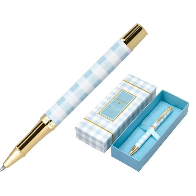 ROLLER BELIUS PERFECT PICNIC DAY ALUMINIO AZUL CELESTE DORADO TINTA COLOR NEGRO CAJA DE DISEÑO
