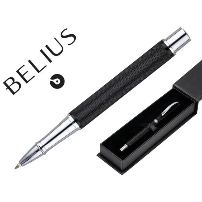 ROLLER BELIUS TURBO ALUMINIO TEXTURA PUNTEADA COLOR NEGRO Y PLATEADO TINTA AZUL CAJA DE DISEÑO