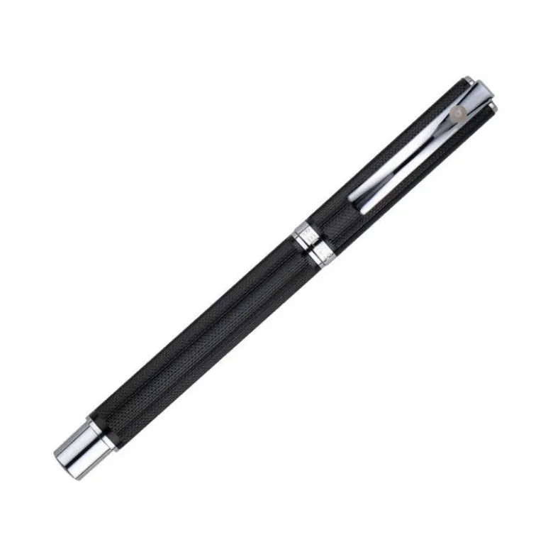 ROLLER Y ESTUCHE BELIUS TURBO ALUMINIO TEXTURA PUNTEADA NEGRO PLATEADO TINTA AZUL CAJA DE DISEÑO