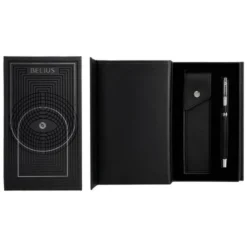 ROLLER Y ESTUCHE BELIUS TURBO ALUMINIO TEXTURA PUNTEADA NEGRO PLATEADO TINTA AZUL CAJA DE DISEÑO