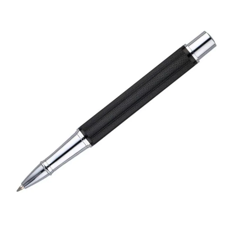 ROLLER Y ESTUCHE BELIUS TURBO ALUMINIO TEXTURA PUNTEADA NEGRO PLATEADO TINTA AZUL CAJA DE DISEÑO