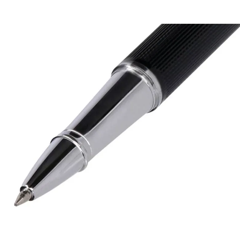 ROLLER Y ESTUCHE BELIUS TURBO ALUMINIO TEXTURA PUNTEADA NEGRO PLATEADO TINTA AZUL CAJA DE DISEÑO