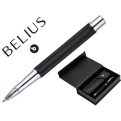 ROLLER Y ESTUCHE BELIUS TURBO ALUMINIO TEXTURA PUNTEADA NEGRO PLATEADO TINTA AZUL CAJA DE DISEÑO
