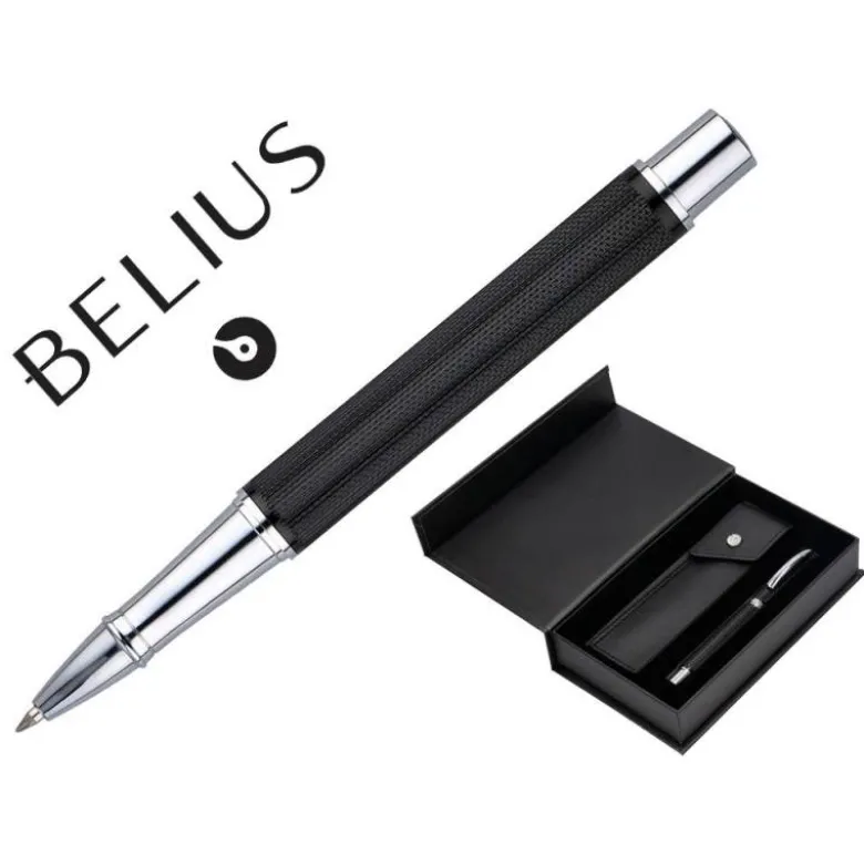ROLLER Y ESTUCHE BELIUS TURBO ALUMINIO TEXTURA PUNTEADA NEGRO PLATEADO TINTA AZUL CAJA DE DISEÑO