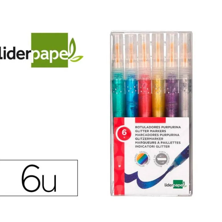 ROTULADOR LIDERPAPEL EFECTO PURPURINA METALIZADA DOBLE PUNTA CAJA DE 6 ROTULADORES COLORES SURTIDOS