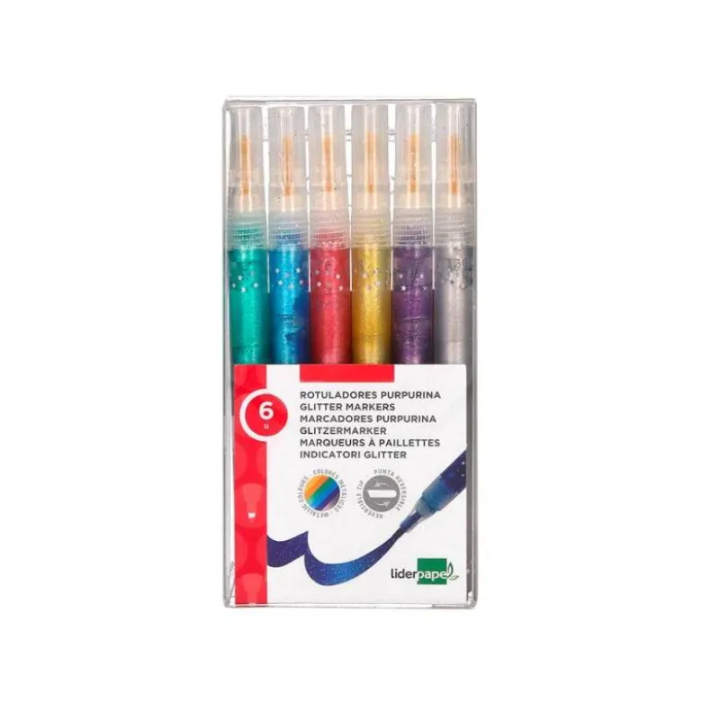 ROTULADOR LIDERPAPEL EFECTO PURPURINA METALIZADA DOBLE PUNTA CAJA DE 6 ROTULADORES COLORES SURTIDOS