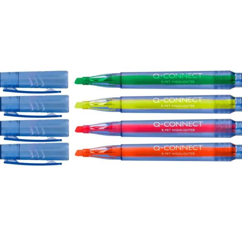 ROTULADOR Q-CONNECT FLUORESCENTE PUNTA BISELADA FABRICADO EN PET RECICLADO BOLSA DE 4 UNIDADES COLORES