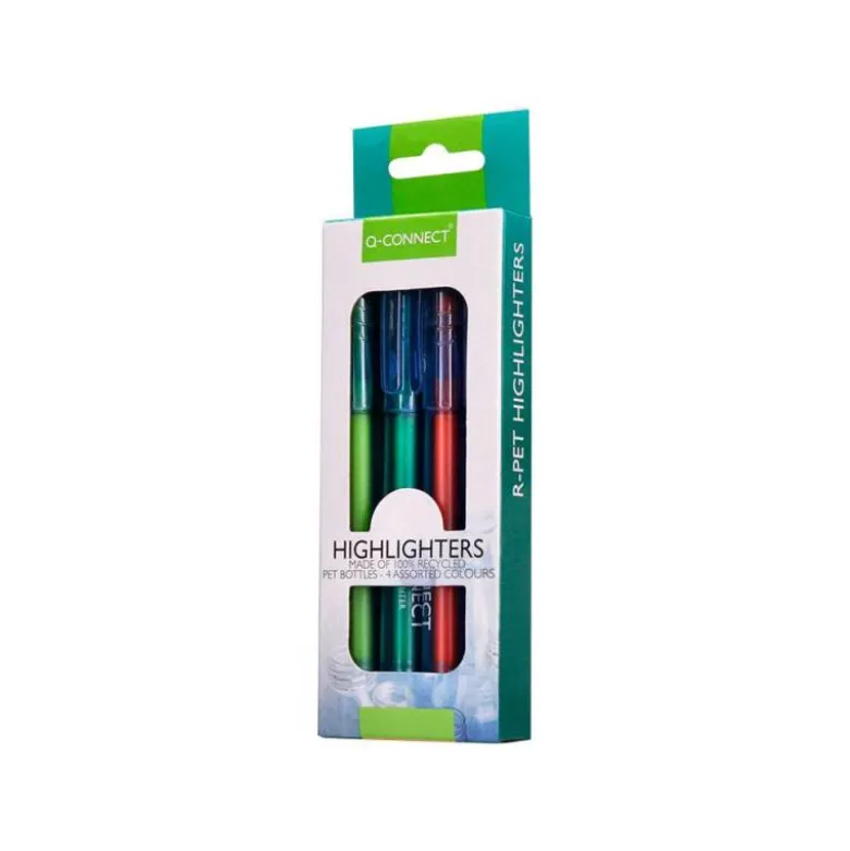 ROTULADOR Q-CONNECT FLUORESCENTE PUNTA BISELADA FABRICADO EN PET RECICLADO BOLSA DE 4 UNIDADES COLORES