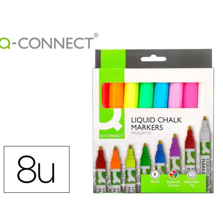 ROTULADOR Q-CONNECT TIZA LIQUIDA PUNTA REDONDA TRAZO 3 MM CAJA DE 8 UNIDADES COLORES SURTIDOS