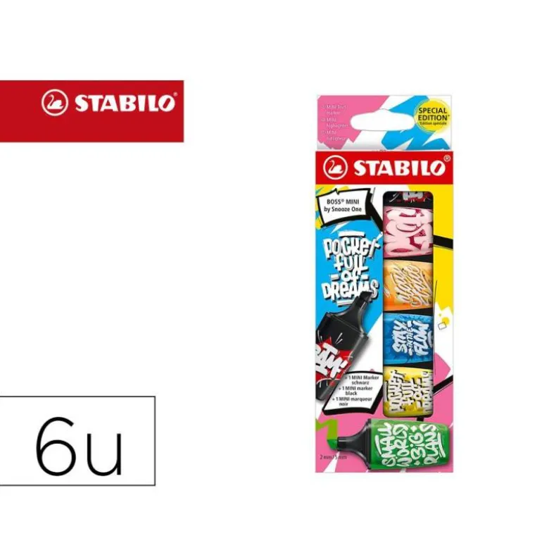 ROTULADOR STABILO BOSS MINI FLUORESCENTE BY SNOOZE ONE ESTUCHE DE 6 UNIDADES COLORES SURTIDOS