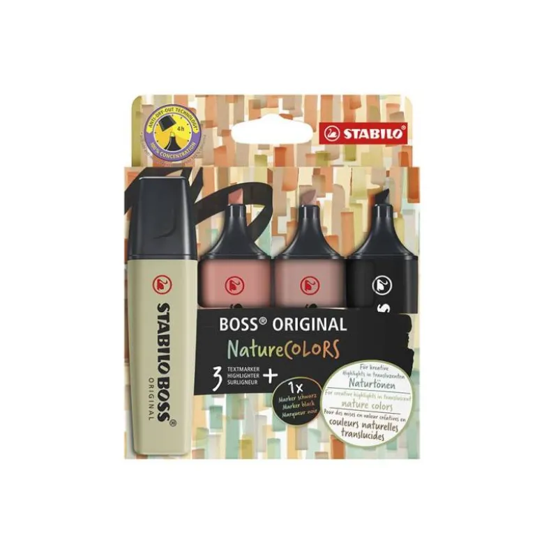 ROTULADOR STABILO BOSS PASTEL FLUORESCENTE NATURE 70 COLORS ESTUCHE DE 4 UNIDADES COLORES SURTIDOS