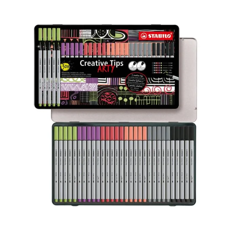 ROTULADOR STABILO CREATIVE TIPS ARTY LINE PASTEL 5 PUNTAS DIFERENTES ESTUCHE METALICO DE 30 UNIDADES