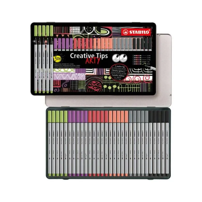ROTULADOR STABILO CREATIVE TIPS ARTY LINE PASTEL 5 PUNTAS DIFERENTES ESTUCHE METALICO DE 30 UNIDADES