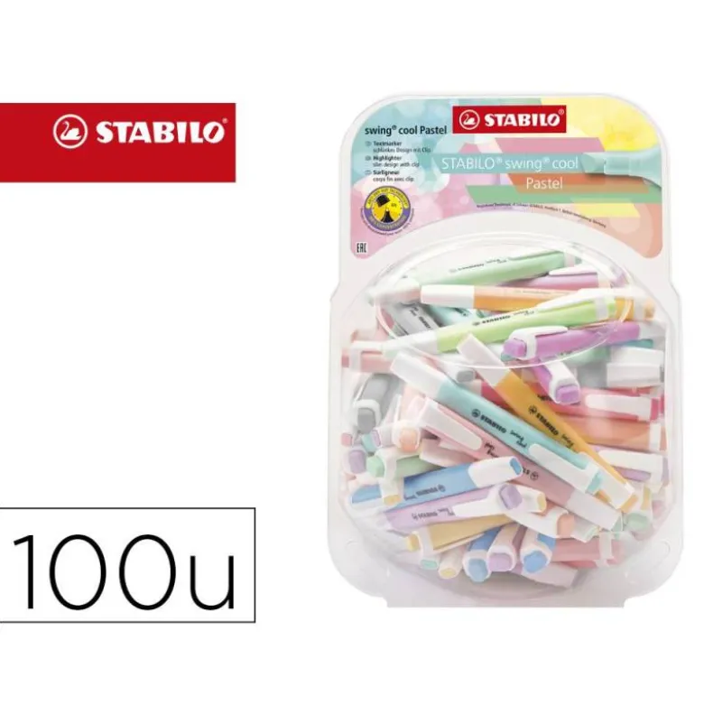 ROTULADOR STABILO FLUORESCENTE FINO SWING COOL PASTEL BOMBONERA DE 100 UNIDADES COLORES SURTIDOS
