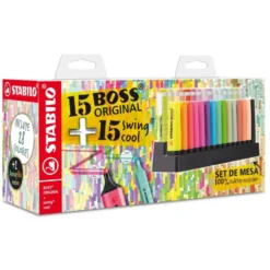 ROTULADOR STABILO FLUORESCENTE SET DE MESA 15 UNIDADES BOSS 70 + 15 UNIDADES SWING COOL COLORES SURTIDOS