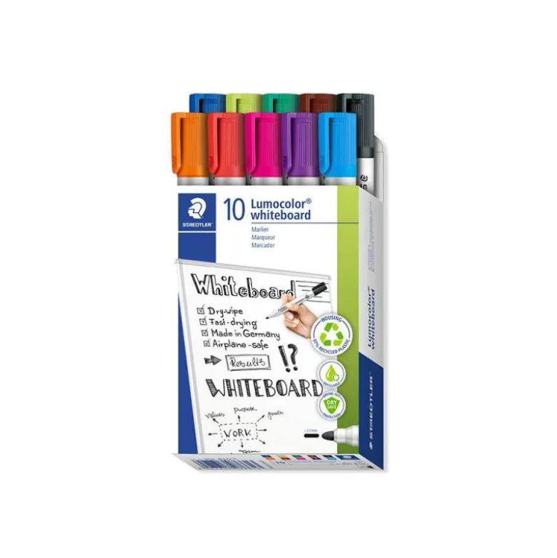 ROTULADOR STAEDTLER LUMOCOLOR 351 PARA PIZARRA BLANCA PUNTA REDONDA 2 MM RECARGABLE CAJA DE 10 UNIDADES COLORES
