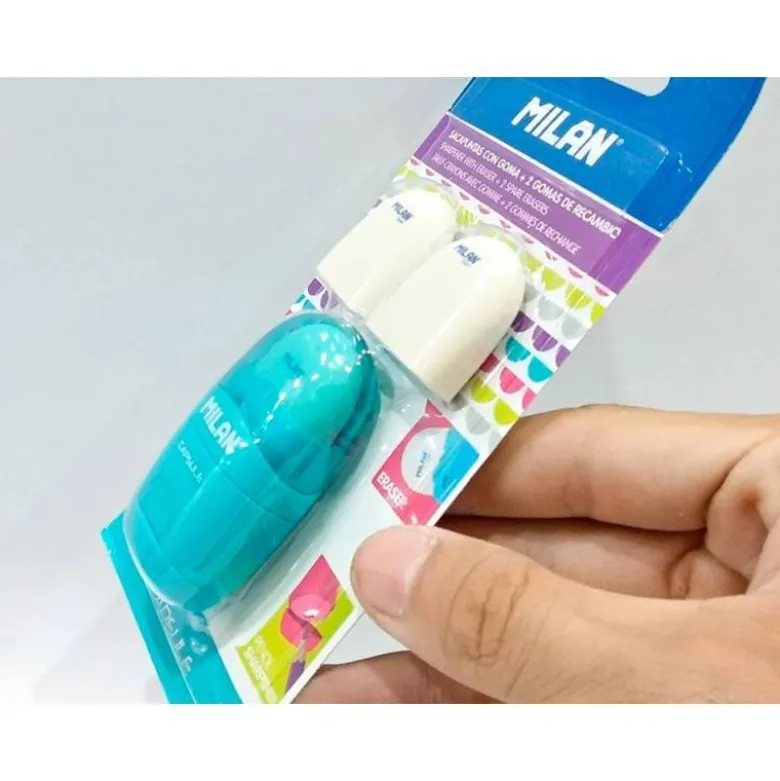 SACAPUNTAS MILAN CAPSULE PLASTICO 1 USO CON GOMA + 2 RECAMBIOS DE GOMA