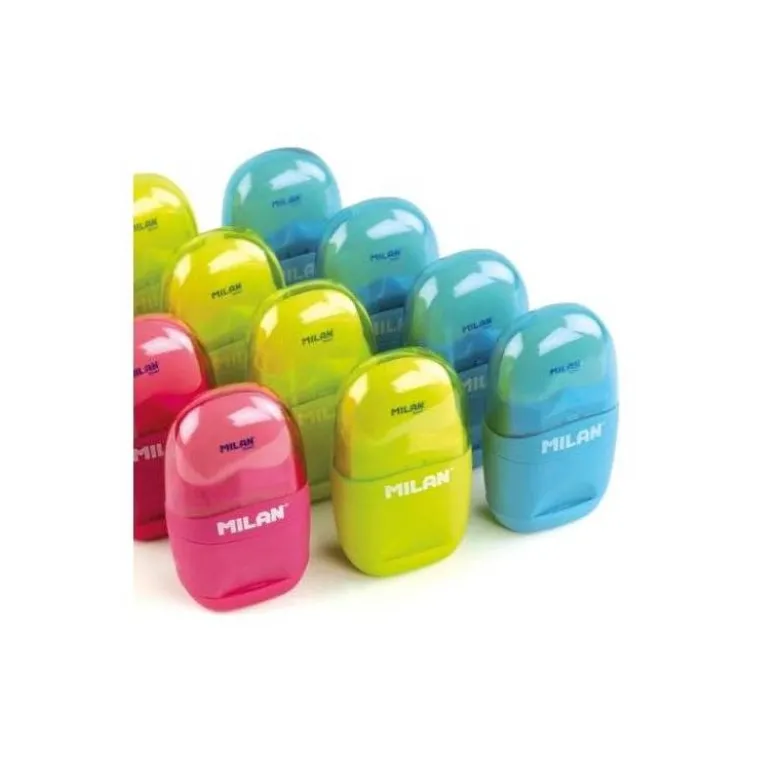 SACAPUNTAS MILAN CAPSULE PLASTICO 1 USO CON GOMA + 2 RECAMBIOS DE GOMA