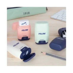 SACAPUNTAS MILAN COMPACT SERIE 1918 PLASTICO 2 USOS CON GOMA DE BORRAR EXPOSITOR DE 16 UNIDADES COLORES