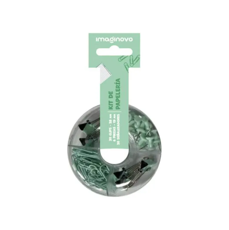 SET DE PAPELERIA IMAGINOVO CON CLIPS 28MM PINZAS 19MM Y CHINCHETAS VERDE