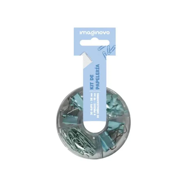 SET DE PAPELERIA IMAGINOVO CON CLIPS 28MM PINZAS 19MM Y CHINCHETAS AZUL