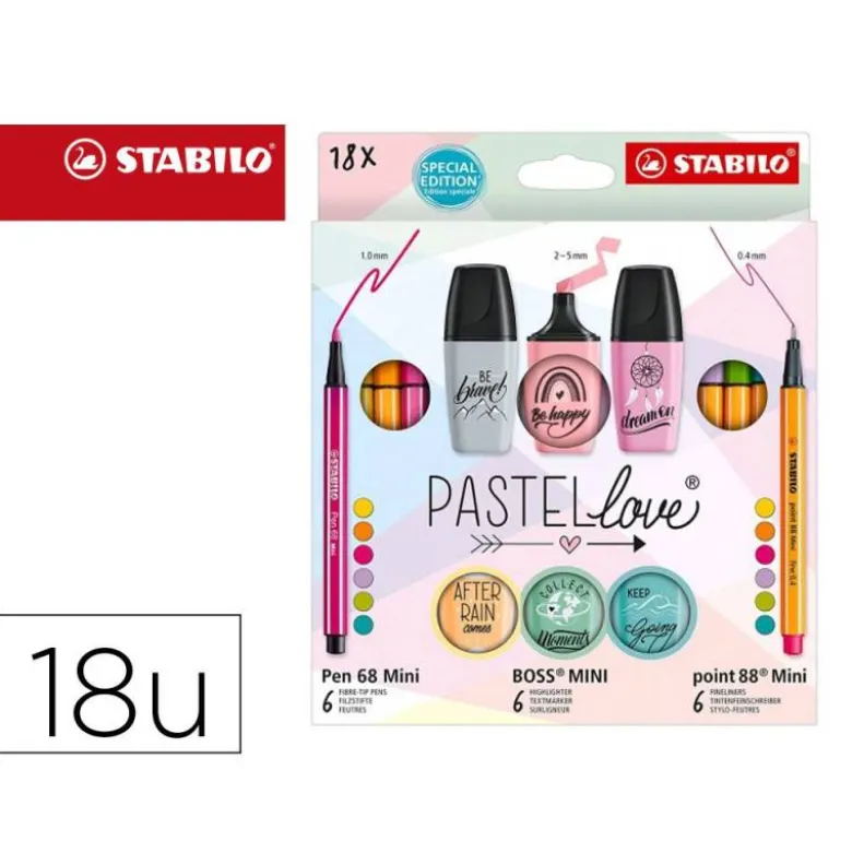 SET STABILO PASTEL LOVE MINI WORLD PEN 68 / POINT 88 / BOSS 18 UNIDADES SURTIDAS