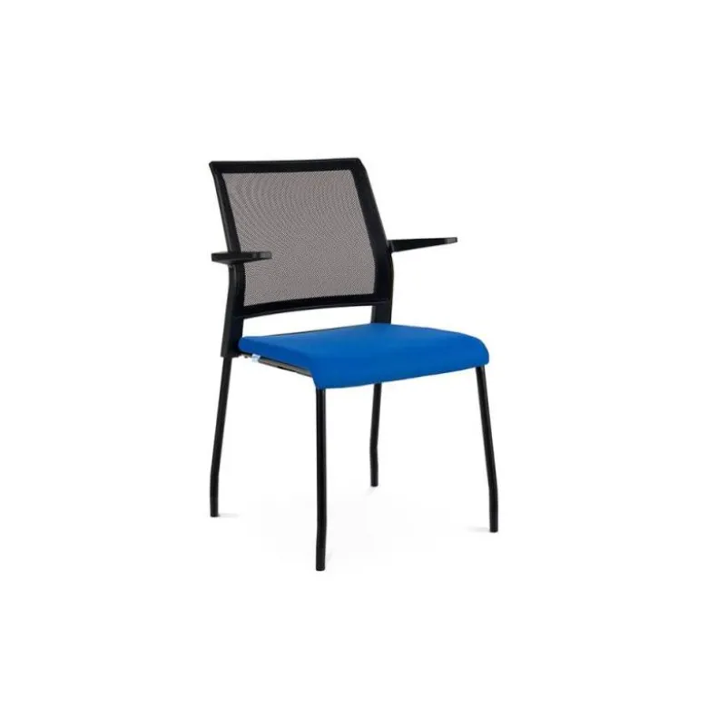 SILLA ROCADA CONFIDENTE BRAZOS FIJOS ESTRUCTURA METALICA ASIENTO TELA IGNIFUGA AZUL RESPALDO MALLA