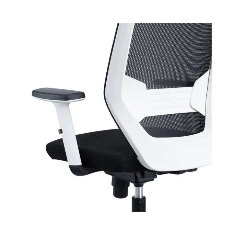 SILLA ROCADA CON RUEDAS DE OFICINA CON BRAZOS REGULABLES Y RESPALDO MALLA NEGRO TAPIZADA EN TELA IGNIFUGA NEGRO COLOR BLANCO