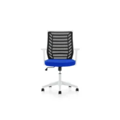 SILLA ROCADA DE OFICINA BRAZOS REGULABLES ESTRUCTURA BLANCA RESPALDO MALLA Y ASIENTO TELA IGNIFUGA NEGRO