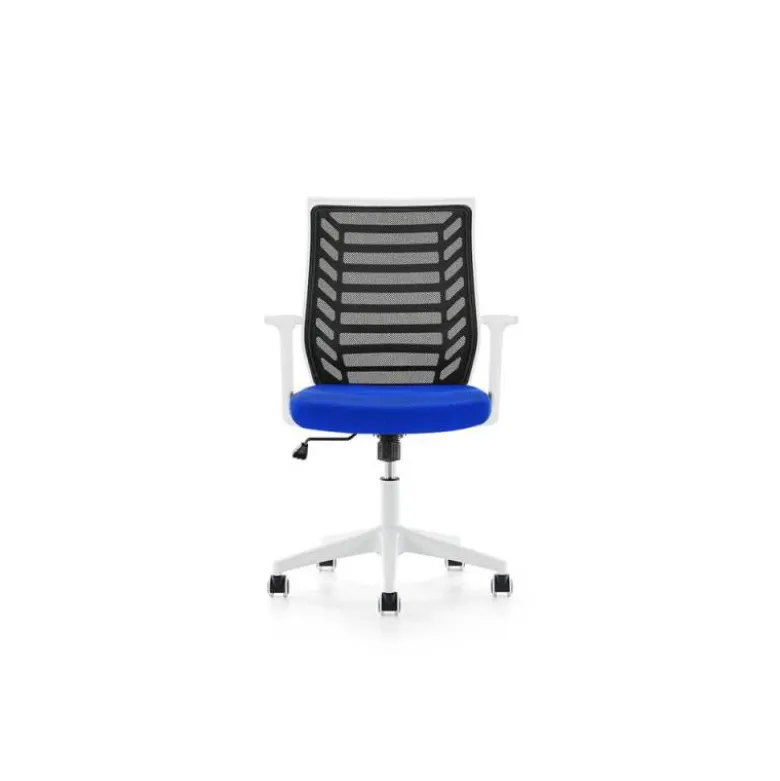 SILLA ROCADA DE OFICINA BRAZOS REGULABLES ESTRUCTURA BLANCA RESPALDO MALLA Y ASIENTO TELA IGNIFUGA NEGRO