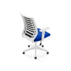 SILLA ROCADA DE OFICINA BRAZOS REGULABLES ESTRUCTURA BLANCA RESPALDO MALLA Y ASIENTO TELA IGNIFUGA NEGRO