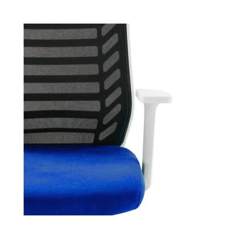 SILLA ROCADA DE OFICINA BRAZOS REGULABLES ESTRUCTURA BLANCA RESPALDO MALLA Y ASIENTO TELA IGNIFUGA NEGRO