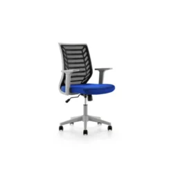 SILLA ROCADA DE OFICINA BRAZOS REGULABLES ESTRUCTURA GRIS RESPALDO MALLA Y ASIENTO TELA IGNIFUGA AZUL