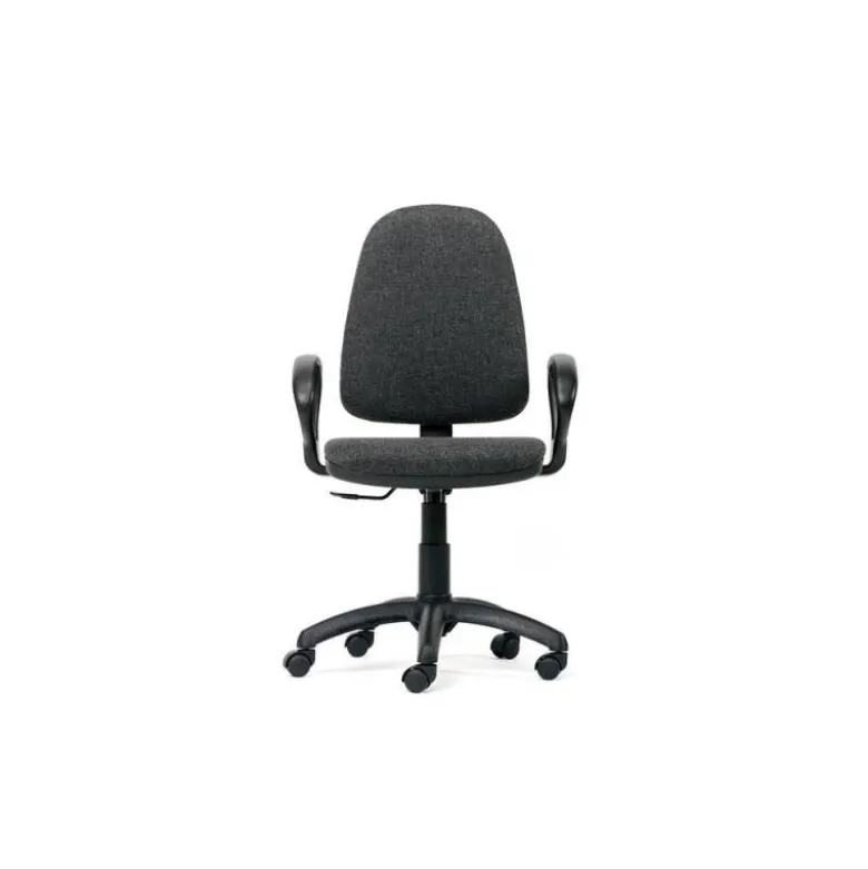 SILLA ROCADA DE OFICINA BRAZOS FIJOS BASE NYLON RESPALDO Y ASIENTO TELA IGNIFUGA GRIS
