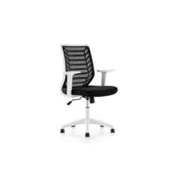 SILLA ROCADA DE OFICINA BRAZOS REGULABLES ESTRUCTURA BLANCA RESPALDO MALLA Y ASIENTO TELA IGNIFUGA AZUL