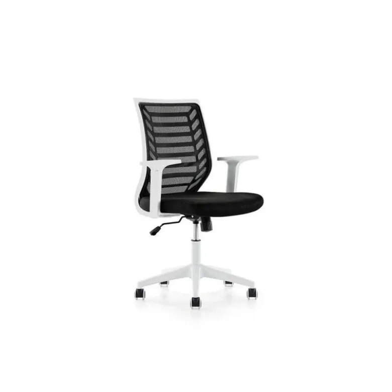 SILLA ROCADA DE OFICINA BRAZOS REGULABLES ESTRUCTURA BLANCA RESPALDO MALLA Y ASIENTO TELA IGNIFUGA AZUL