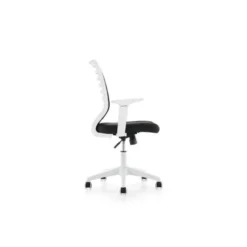 SILLA ROCADA DE OFICINA BRAZOS REGULABLES ESTRUCTURA BLANCA RESPALDO MALLA Y ASIENTO TELA IGNIFUGA AZUL