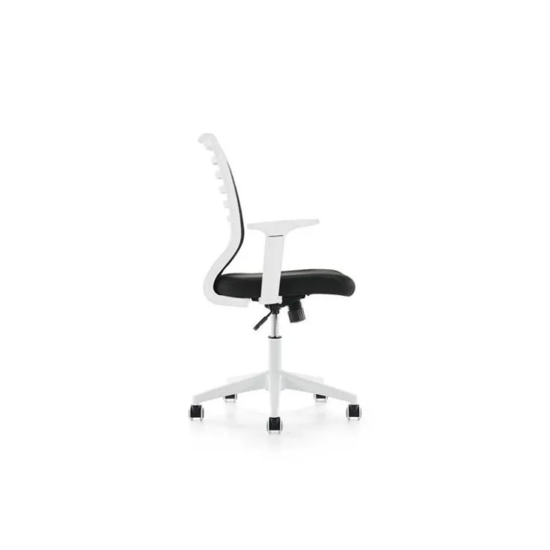 SILLA ROCADA DE OFICINA BRAZOS REGULABLES ESTRUCTURA BLANCA RESPALDO MALLA Y ASIENTO TELA IGNIFUGA AZUL