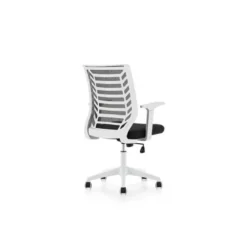 SILLA ROCADA DE OFICINA BRAZOS REGULABLES ESTRUCTURA BLANCA RESPALDO MALLA Y ASIENTO TELA IGNIFUGA AZUL