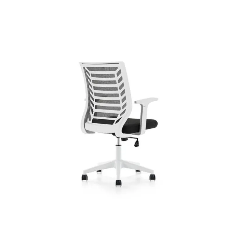 SILLA ROCADA DE OFICINA BRAZOS REGULABLES ESTRUCTURA BLANCA RESPALDO MALLA Y ASIENTO TELA IGNIFUGA AZUL