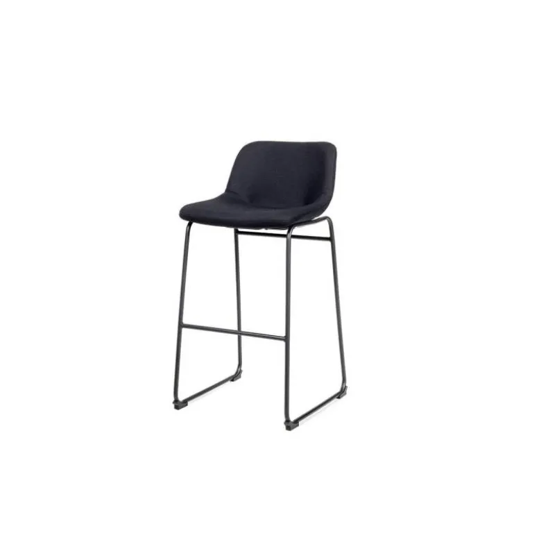 TABURETE ALTO ROCADA CON ASIENTO Y RESPALDO BAJO TAPIZADO TELA IGNIFUGA BASE METALICA ACERO COLOR NEGRO