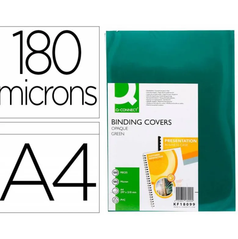 TAPA DE ENCUADERNACION Q-CONNECT PVC DIN A4 OPACA VERDE 180 MICRAS CAJA 100 UNIDADES