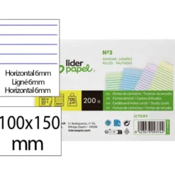 TARJETA LIDERPAPEL PARA ESTUDIAR RAYADA CARTULINA DE COLORES 170 GR/M2 100X150MM PAQUETE DE 200 UNIDADES