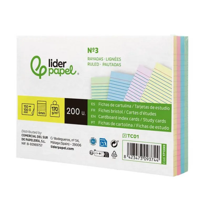 TARJETA LIDERPAPEL PARA ESTUDIAR RAYADA CARTULINA DE COLORES 170 GR/M2 100X150MM PAQUETE DE 200 UNIDADES