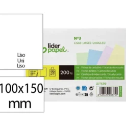 TARJETA LIDERPAPEL PARA ESTUDIAR LISA CARTULINA DE COLORES 170 GR/M2 100X150MM PAQUETE DE 200 UNIDADES